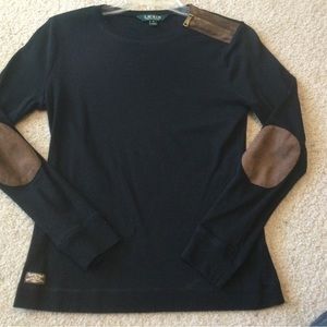 Ralph Lauren Ladies L/S knit top with Suede brown accents Size M